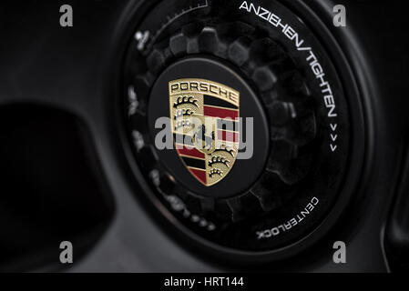 Kyiv, Ukraine - August 7th, 2016: Porsche emblem. Ferdinand Porsche founded the company in 1931. Stock Photo