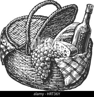 Vintage wicker picnic hamper or basket with food such as bottle of wine, cheese, bunch grapes, loaf. Sketch vector illustration Stock Vector