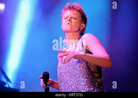 BARCELONA - JUN 13: Royksopp & Robyn (electronic band from) performs at Sonar Festival on June 13, 2014 in Barcelona, Spain. Stock Photo