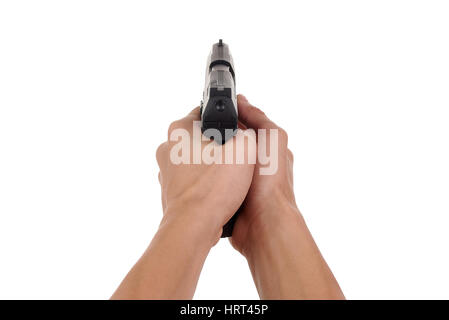 Pistol in hand isolated on white background Stock Photo