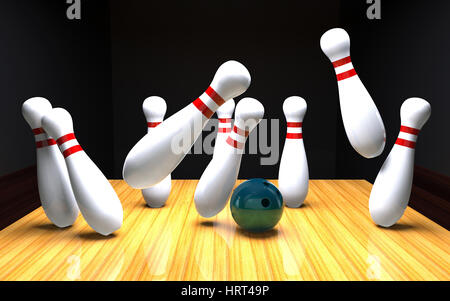 Bowling ball crashing into the pins 3D rendering Stock Photo