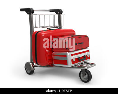 Airport luggage trolley with suitcases on white background 3D rendering Stock Photo