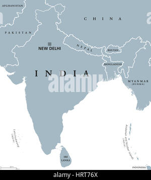 India political map with capital New Delhi, national borders and neighbor countries. Republic and subcontinent in South Asia. Stock Photo