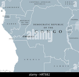 Democratic Republic of the Congo political map with capital Kinshasa. Also DR Congo, DRC, DROC or East Congo. Country in Central Africa. Stock Photo