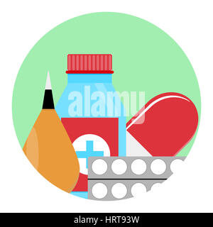 Drugs and Medications icon. Healthcare and therapy, cure and glass bottle with tablet. Vector illustration Stock Photo