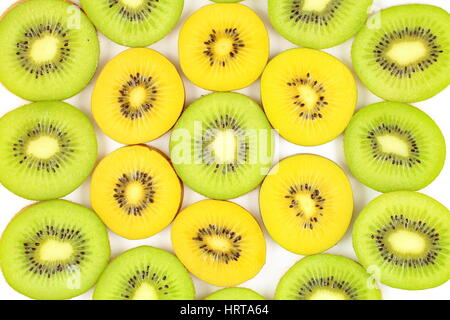 slices of fresh green and yellow kiwi fruits as a food background texture