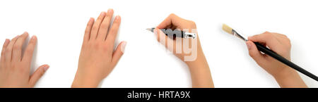 Different hands with pen and brush on a white background Stock Photo