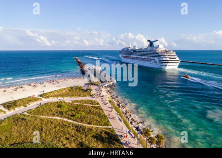 Miami Beach Florida,Atlantic Ocean,Government Cut,South Pointe Park,Carnival Splendor cruise ship,departing Port Miami,aerial overhead from above view Stock Photo