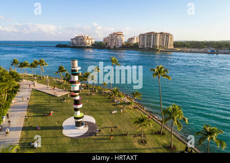 Miami Beach Florida,Atlantic Ocean,Government Cut,South Pointe Park,Fisher Island,Obstinate Lighthouse,Tobias Rehberger,public art,aerial overhead fro Stock Photo