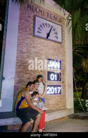 Miami Beach Florida,time temperature clock,Hispanic family posing,New Year's Day,January 1 1st,FL170101012 Stock Photo