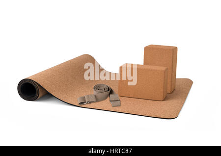 Cork Yoga Mat Set With Blocks and Strap, Premium Eco Friendly Product on White Background Stock Photo