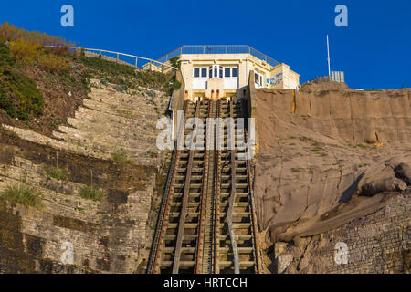 Damaged and buckled tracks of Edwardian funicular railway tracks with no lifts which were removed following landslip damage at East Cliff, Bournemouth Stock Photo