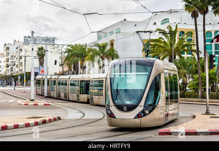 Rabat, Morocco - February 5, 2017: Modern French built tram in the centre of Rabat. The Rabat-Sale tramway system consists of 2 lines Stock Photo