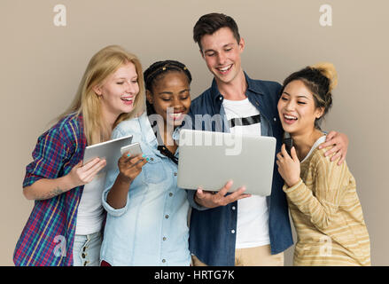Friends Using Tablet Technology Phone Stock Photo