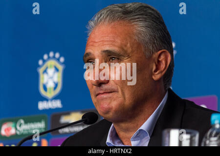 São Paulo, Brazil. 03rd Mar, 2017. Brazilian coach Adenor Leonardo Bacchi, better known as Tite announced the 23-man squad for the next two 2018 World Cup qualifying matches in a hangar of Gol airline located at Congonhas airport. Credit: Marivaldo Oliveira/Pacific Press/Alamy Live News Stock Photo