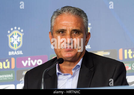 São Paulo, Brazil. 03rd Mar, 2017. Brazilian coach Adenor Leonardo Bacchi, better known as Tite announced the 23-man squad for the next two 2018 World Cup qualifying matches in a hangar of Gol airline located at Congonhas airport. Credit: Marivaldo Oliveira/Pacific Press/Alamy Live News Stock Photo