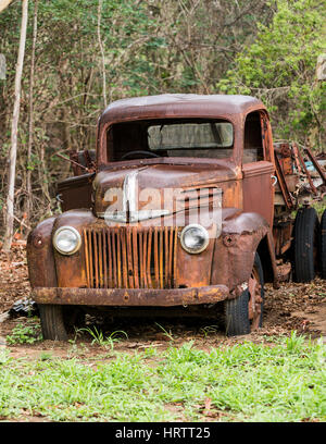 Old abandoned rusty Ford truck in field Stock Photo