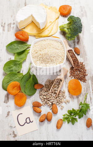 Ingredients or products containing calcium and dietary fiber, natural sources of minerals, healthy lifestyle and nutrition Stock Photo