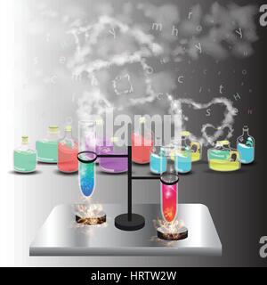 chemistry flasks smoke house. concept of education. illustration. use a smart phone, website, printing, decorating etc Stock Vector