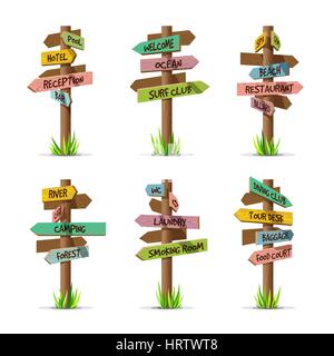 Colored wooden arrow signboards resort vector set Stock Vector