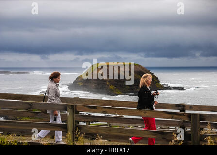 Women walk on the boardwalk in The Nobbies with Seal Rock in the background. Stock Photo