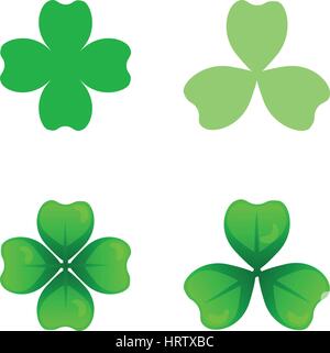 Green clover sprigs icons with three and four leaves. St Patricks Day clip-art. Vector cartoon and flat style design element, isolated on white. Saint Stock Vector