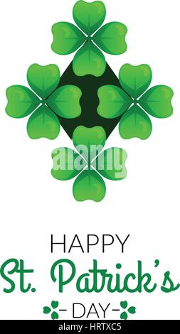 Happy St Patricks Day. Green clover with four leaves. Sprig against dark rhombus on white. Sacred geometry greeting card or poster template. Vector de Stock Vector