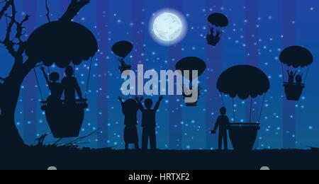 people silhouette travel landscape air balloon. illustration. use a smart phone, website, printing, decorating etc . Stock Vector