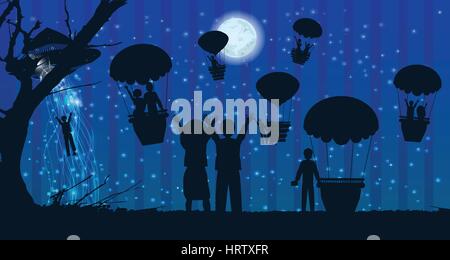 UFOs kidnapping people silhouette travel landscape air balloon. illustration. use a smart phone, website, printing, decorating etc .. Stock Vector