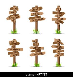 Wooden arrow signboards direction vector set Stock Vector