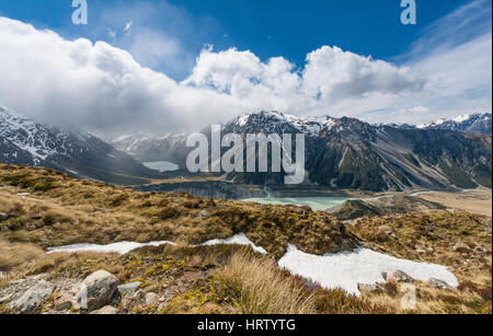 View on Hooker Valley from Sealy Tarns track, glacial lakes Mueller Lake and Hooker Lake, Mount Cook National Park Stock Photo
