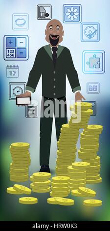 a man with a phone and coins on the background of the photo. concept of education. illustration. use a smart phone, website, printing, decorating etc  Stock Vector