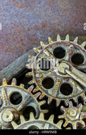 details of old rusty gears transmission wheels closeup Stock Photo
