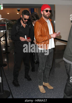 Kings of Leon brothers Caleb Followill and Jared Followill arrive at Los Angeles International (LAX) Airport  Featuring: Caleb Followill Where: Los Angeles, California, United States When: 31 Jan 2017 Stock Photo