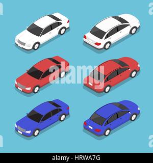 Flat 3d isometric car, city transport icon set Stock Vector