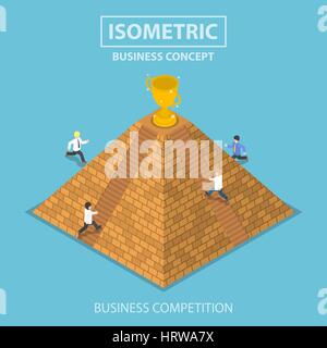 Flat 3d isometric businessman and rival trying to get winner trophy at the top of pyramid, business competition concept Stock Vector