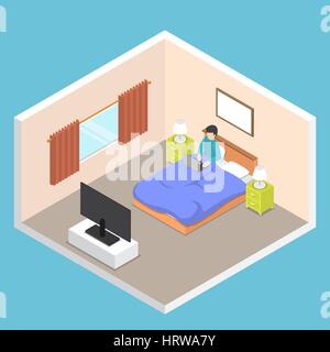 Flat 3d isometric businessman working on his laptop on the bed in bedroom, hard working concept Stock Vector