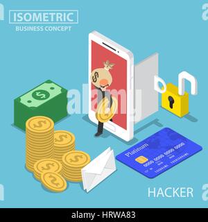 Flat 3d isometric thief steal money and data from smartphone, hacker and security concept Stock Vector