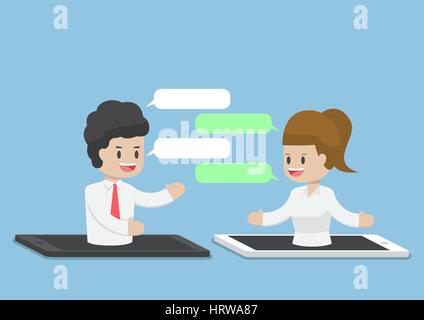 Business People Chatting Through Smartphone or Tablet, Internet Business Communication Concept Stock Vector