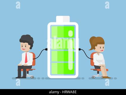 Businessman and Businesswoman Character Charging Energy Power From Battery, Relax and Charging Power for Work Concept Stock Vector