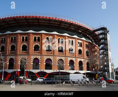Barcelona, Spain - Feb 29, 2016: Arenas de Barcelona is a former bullring turned commercial complex at the Placa d'Espanya. Stock Photo