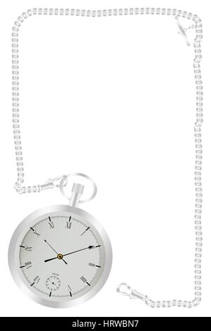 A silver watch and a long length of chain creating a border. Stock Vector