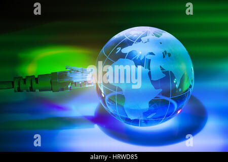 world map technology style against fiber optic background Stock Photo