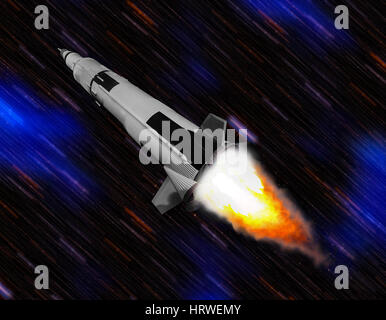 Spaceship flying through space on a background of stars. Rocket with flame of engine flies into space. Stock Photo