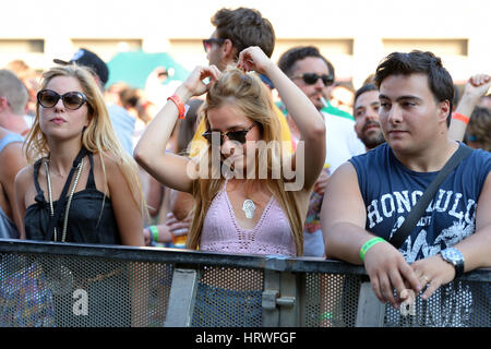 BARCELONA - JUN 18: People dance at Sonar Festival on June 18, 2015 in Barcelona, Spain. Stock Photo