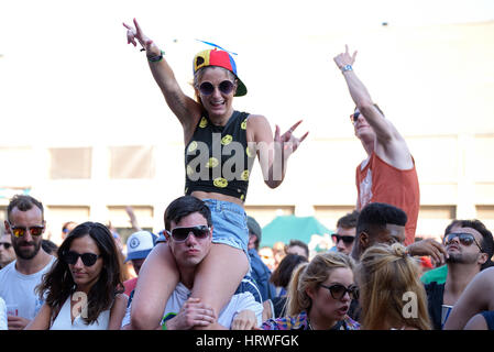 BARCELONA - JUN 18: People dance at Sonar Festival on June 18, 2015 in Barcelona, Spain. Stock Photo