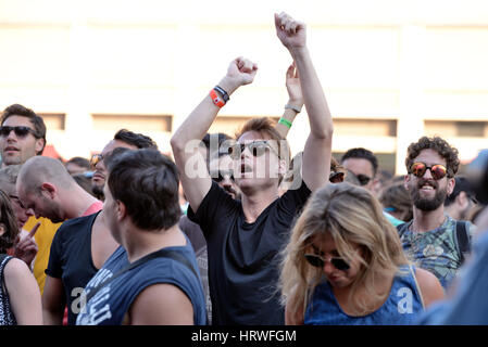 BARCELONA - JUN 18: People dance at Sonar Festival on June 18, 2015 in Barcelona, Spain. Stock Photo