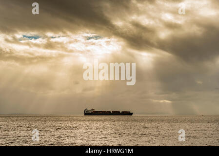 Container ship ACL Atlantic Conveyor leaving the port of Liverpool on the ruver Mersey passing Crosby beach. Stock Photo