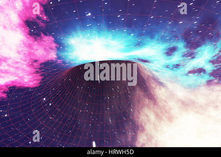 Glowing wormhole in space, interstellar warp, traveling trough space and time, 3d rendering Stock Photo