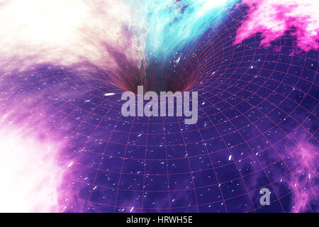 Glowing wormhole in space, interstellar warp, traveling trough space and time, 3d rendering Stock Photo